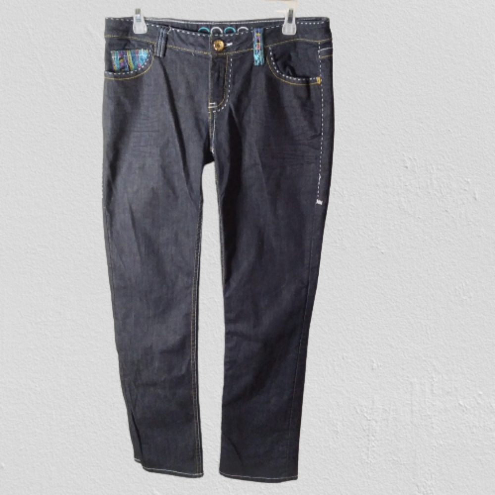 #338 COOIG Dark Wash Blue Mid Low Rise Embroidery Jeans